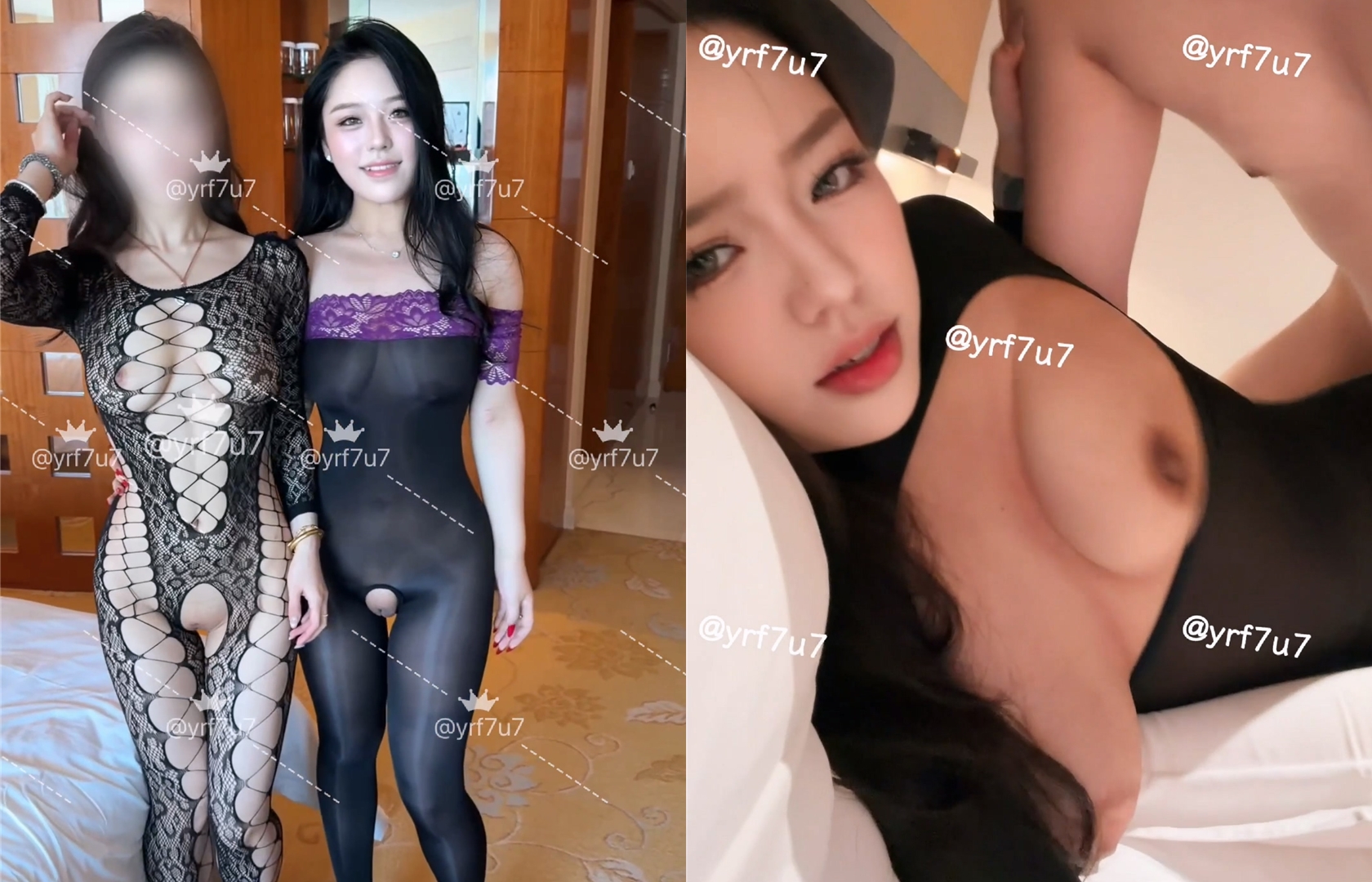 YRF7u7 - 反差顏值巨乳禦姐邀金主共侍金主酒店穿連體情趣露臉口交扶屌入屄雙飛酣戰